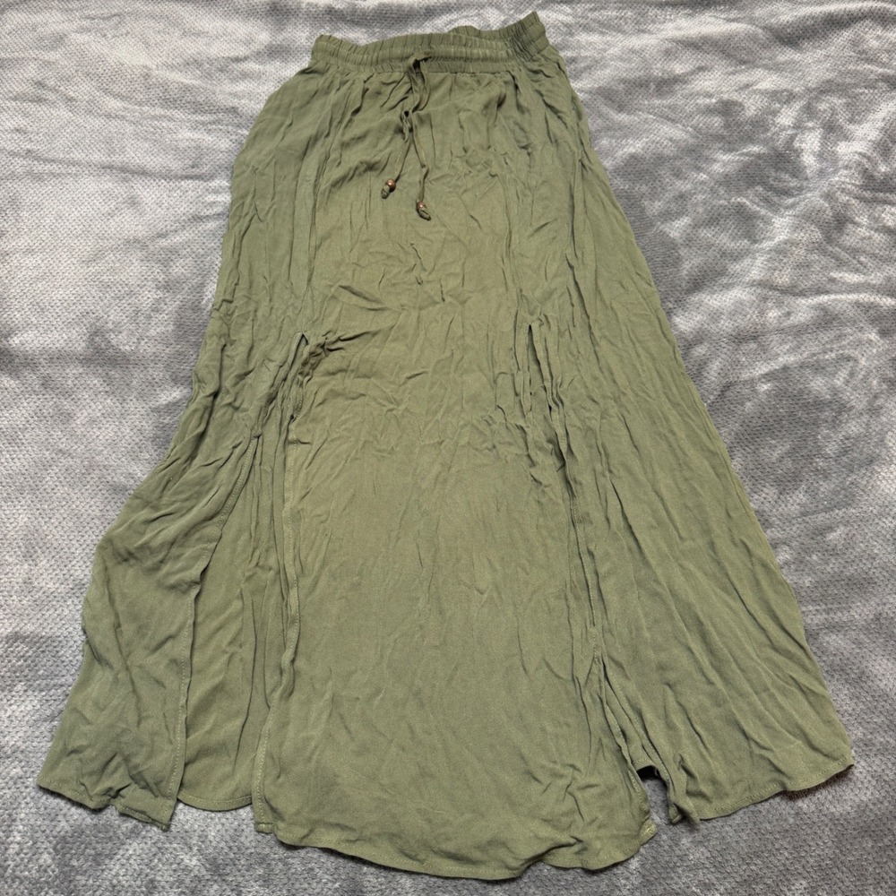 Earthbound Trading Co Olive Green Double Slit Maxi Skirt Womens Medium NWT Boho